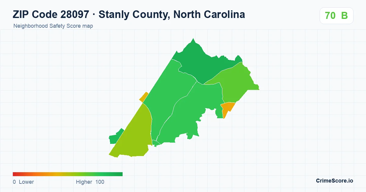 ZIP Code 28097 in Stanly County, North Carolina neighborhood Safety Score map