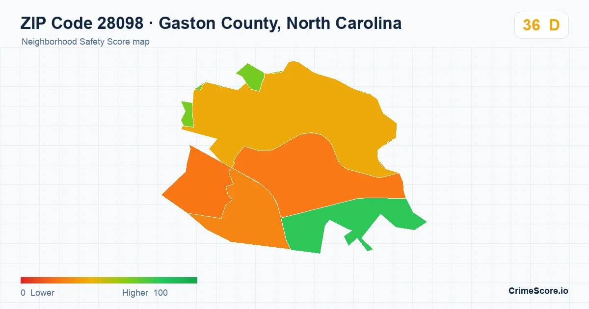 ZIP Code 28098 in Gaston County, North Carolina neighborhood Safety Score map