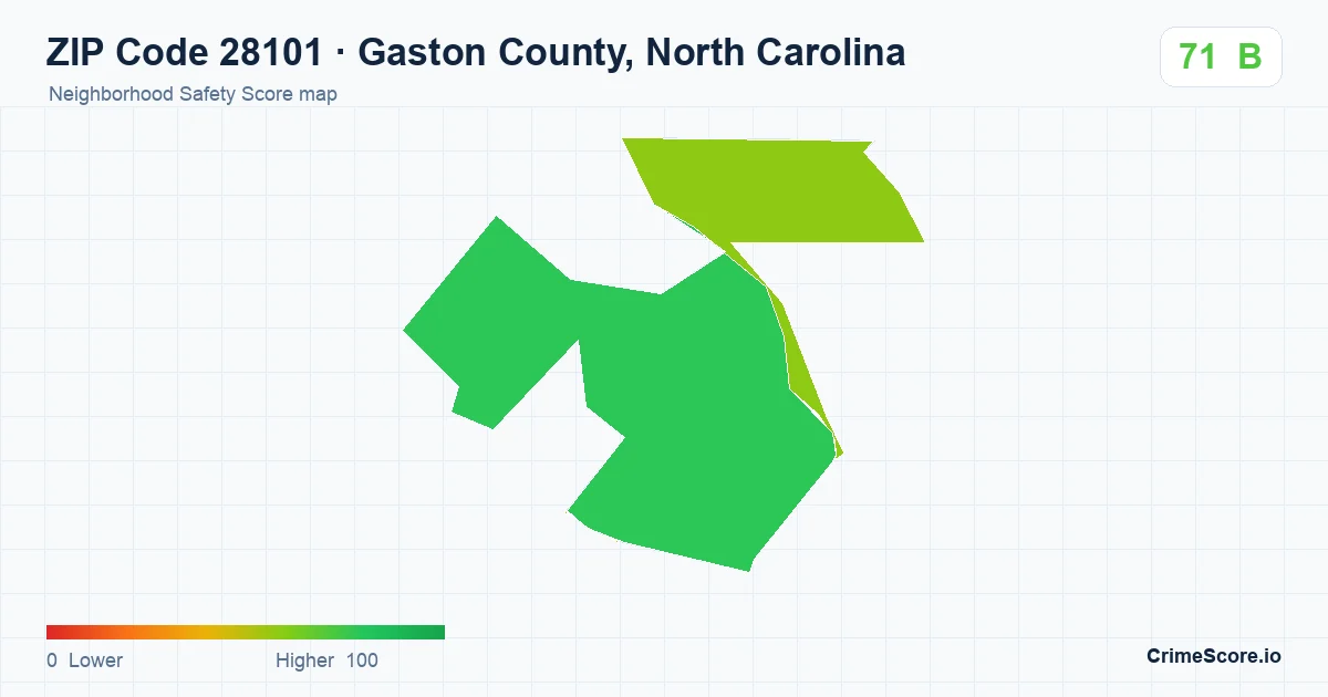 ZIP Code 28101 in Gaston County, North Carolina neighborhood Safety Score map