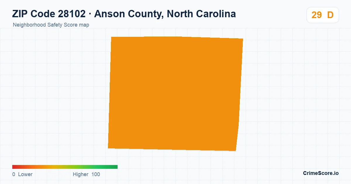 ZIP Code 28102 in Anson County, North Carolina neighborhood Safety Score map