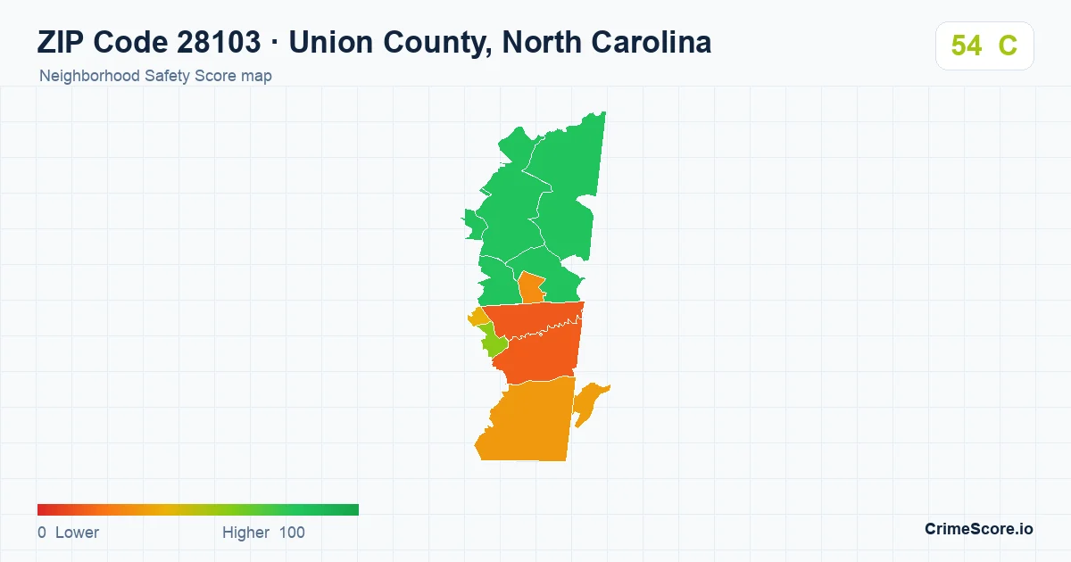 ZIP Code 28103 in Union County, North Carolina neighborhood Safety Score map