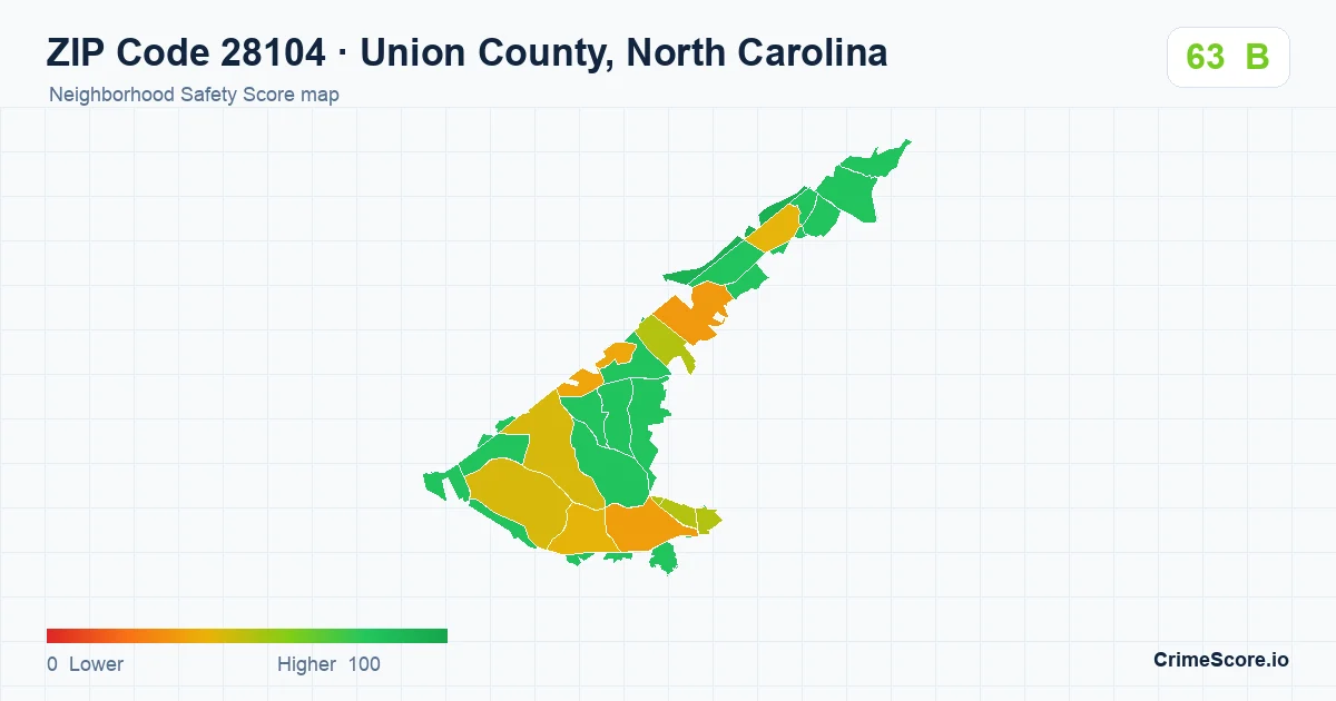 ZIP Code 28104 in Union County, North Carolina neighborhood Safety Score map
