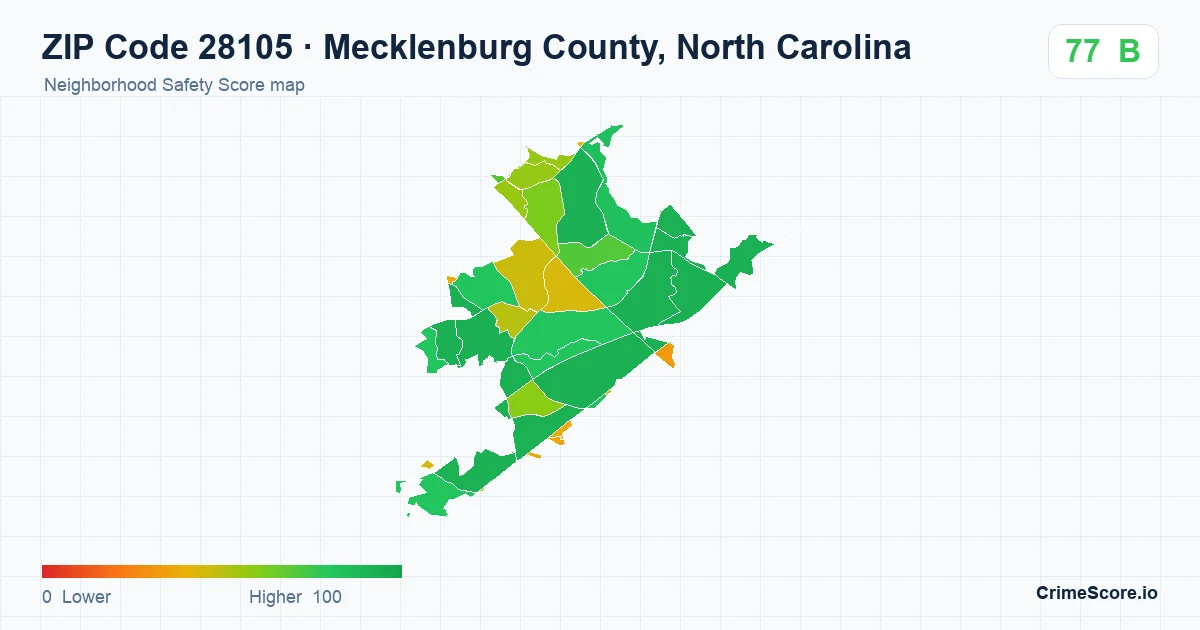 ZIP Code 28105 in Mecklenburg County, North Carolina neighborhood Safety Score map