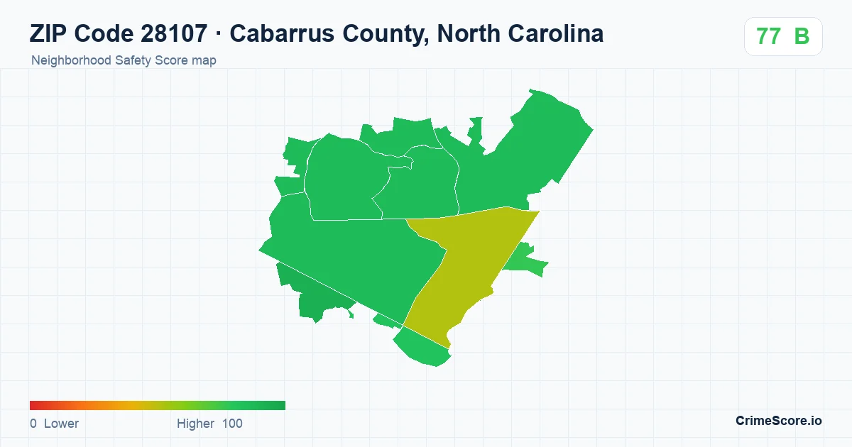 ZIP Code 28107 in Cabarrus County, North Carolina neighborhood Safety Score map