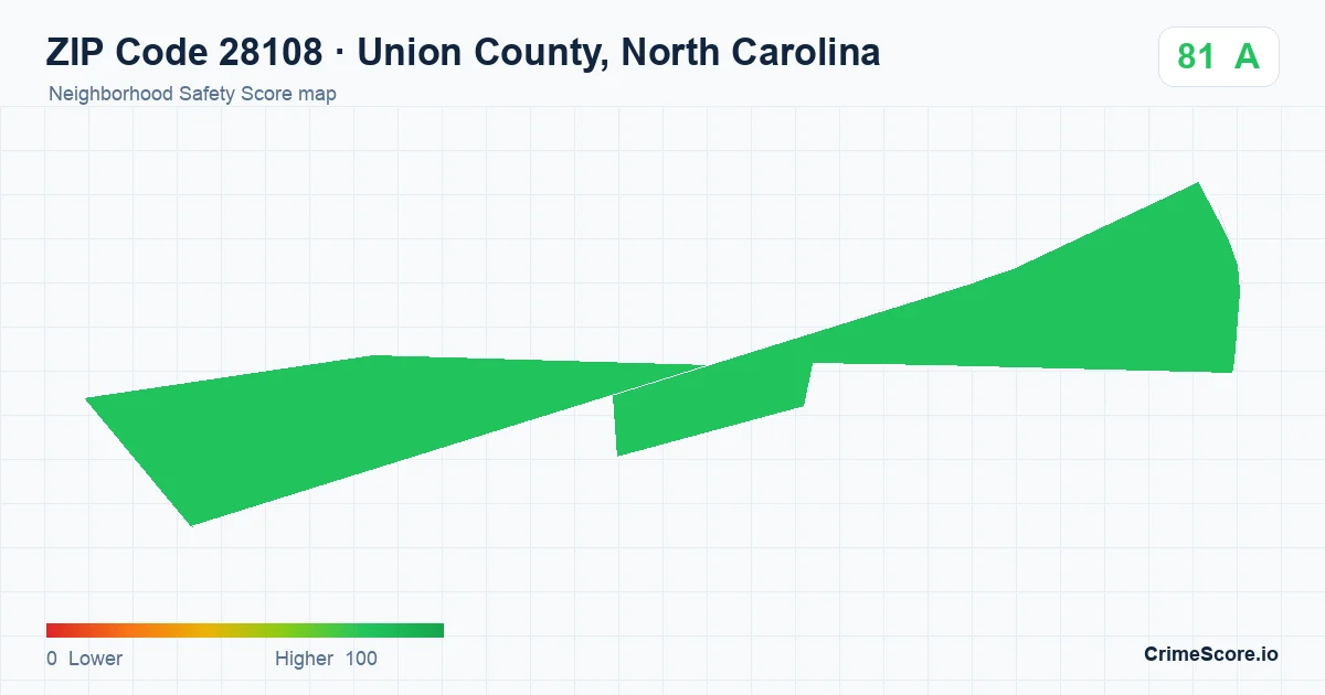 ZIP Code 28108 in Union County, North Carolina neighborhood Safety Score map