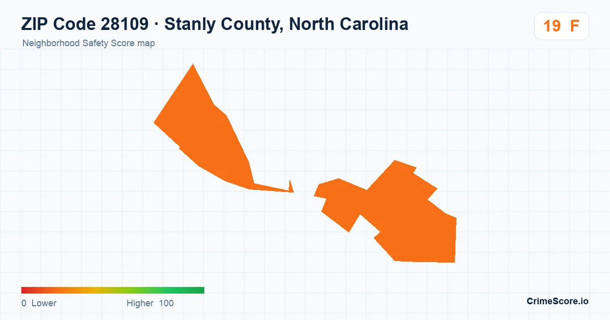 ZIP Code 28109 in Stanly County, North Carolina neighborhood Safety Score map