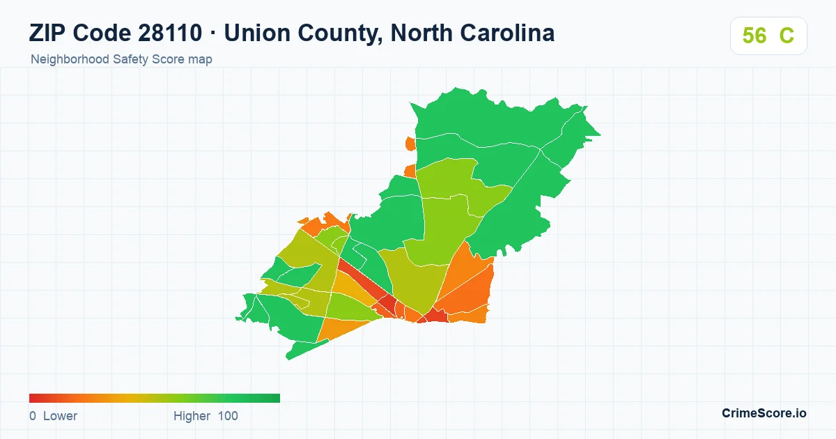 ZIP Code 28110 in Union County, North Carolina neighborhood Safety Score map