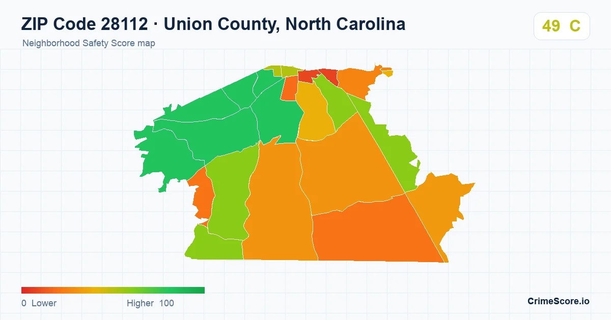 ZIP Code 28112 in Union County, North Carolina neighborhood Safety Score map