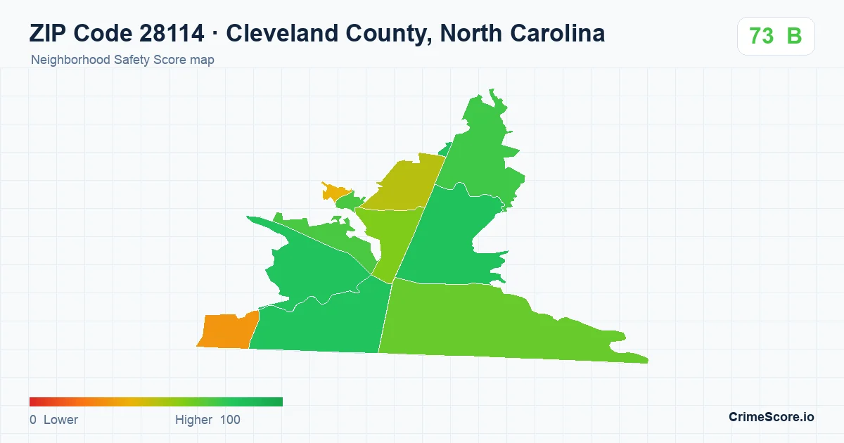 ZIP Code 28114 in Cleveland County, North Carolina neighborhood Safety Score map
