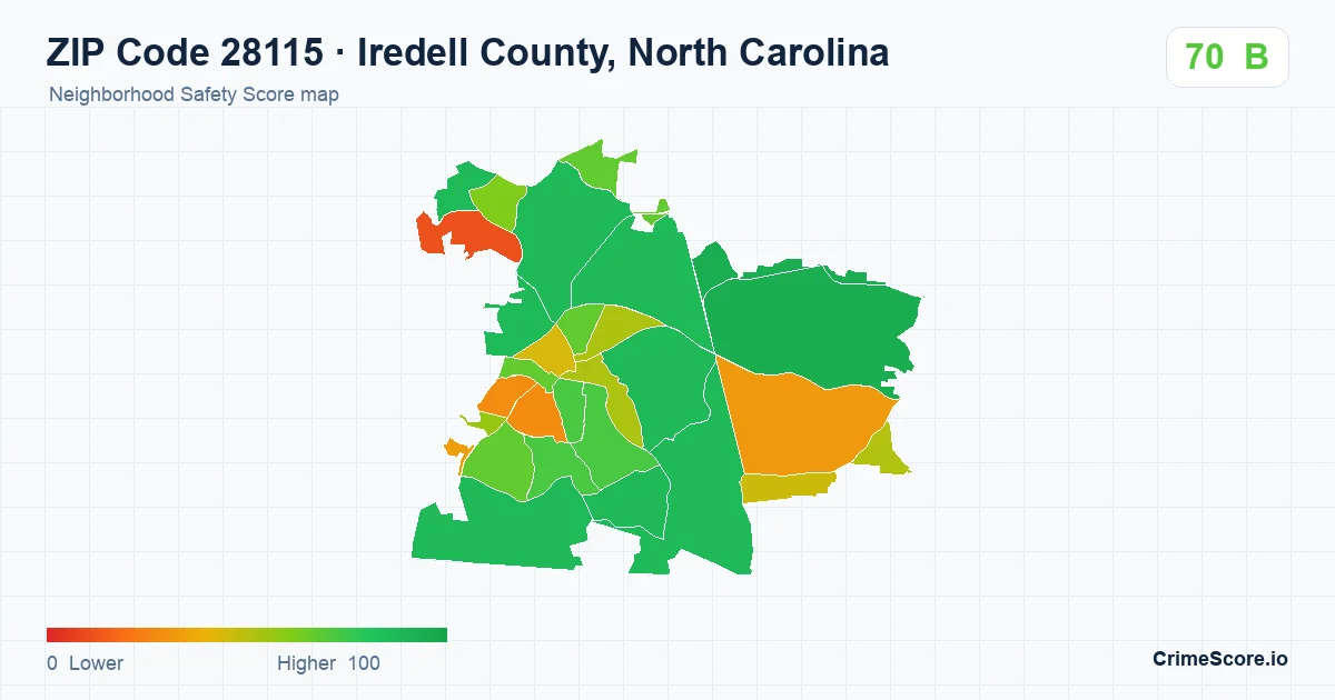 ZIP Code 28115 in Iredell County, North Carolina neighborhood Safety Score map