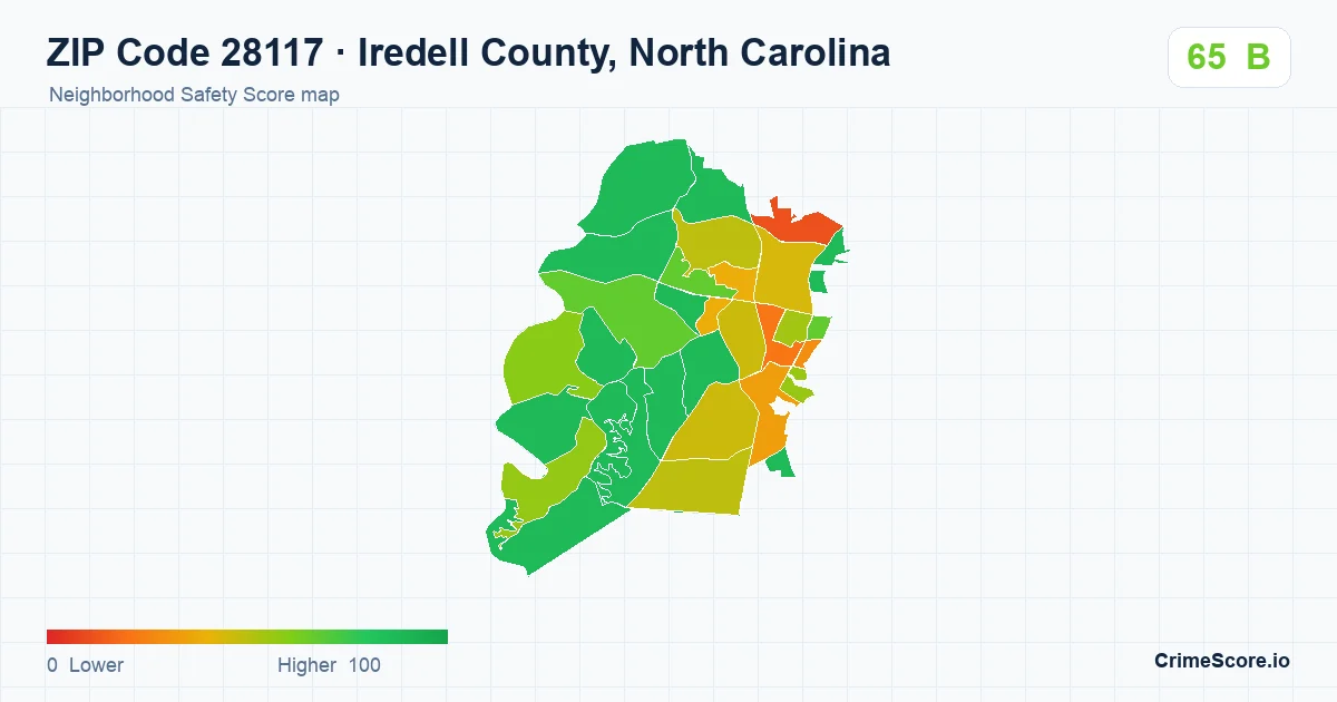 ZIP Code 28117 in Iredell County, North Carolina neighborhood Safety Score map