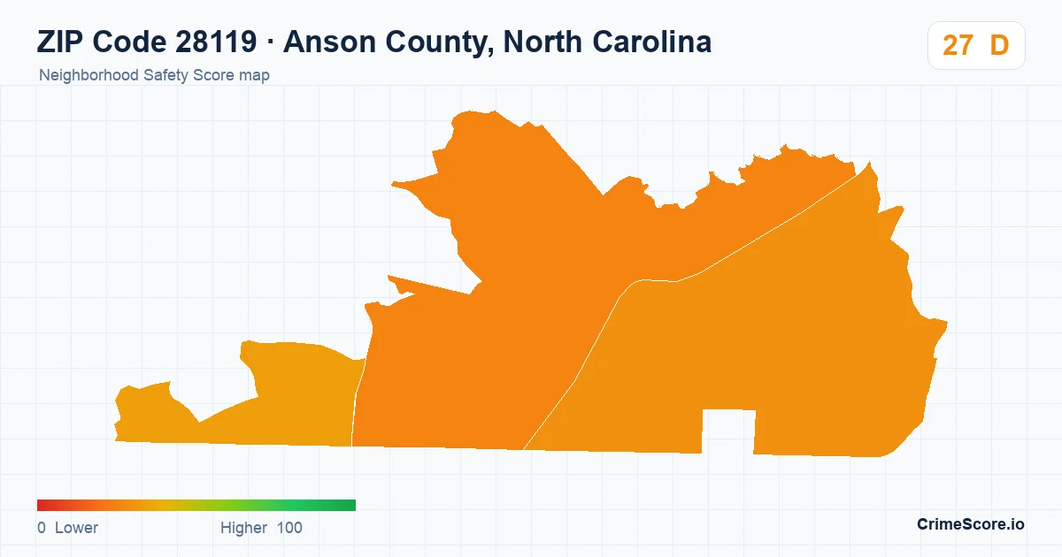 ZIP Code 28119 in Anson County, North Carolina neighborhood Safety Score map