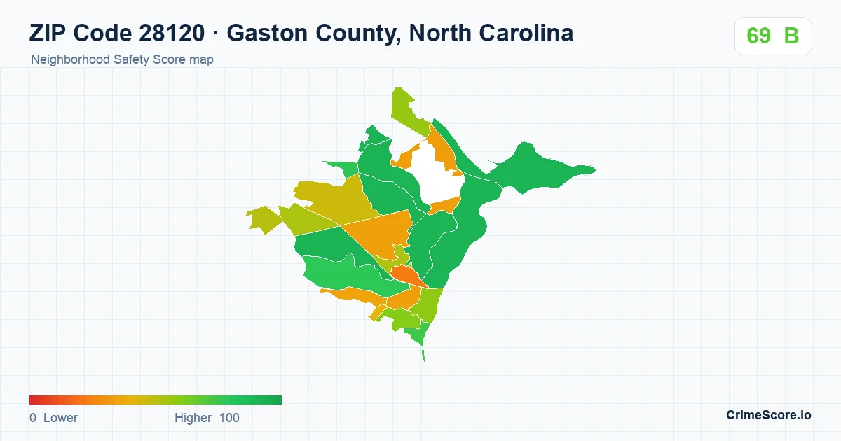 ZIP Code 28120 in Gaston County, North Carolina neighborhood Safety Score map