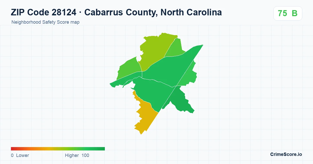 ZIP Code 28124 in Cabarrus County, North Carolina neighborhood Safety Score map