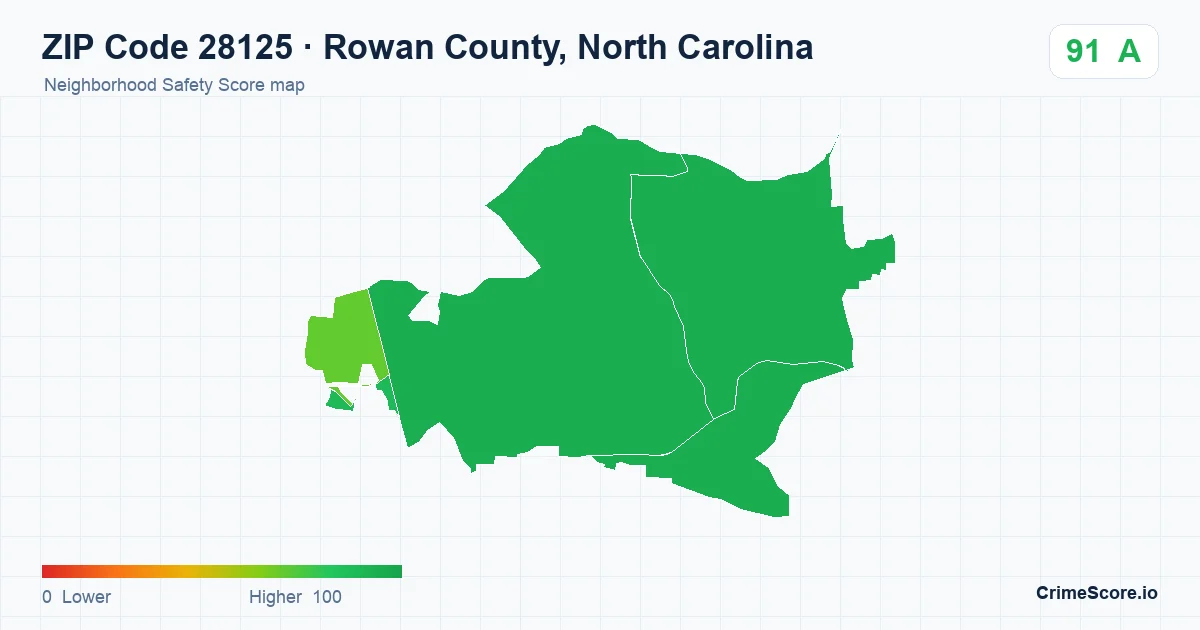 ZIP Code 28125 in Rowan County, North Carolina neighborhood Safety Score map