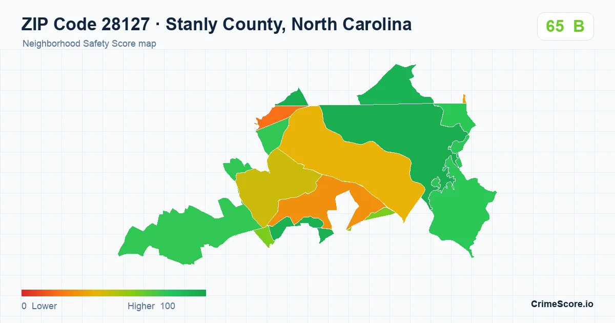 ZIP Code 28127 in Stanly County, North Carolina neighborhood Safety Score map