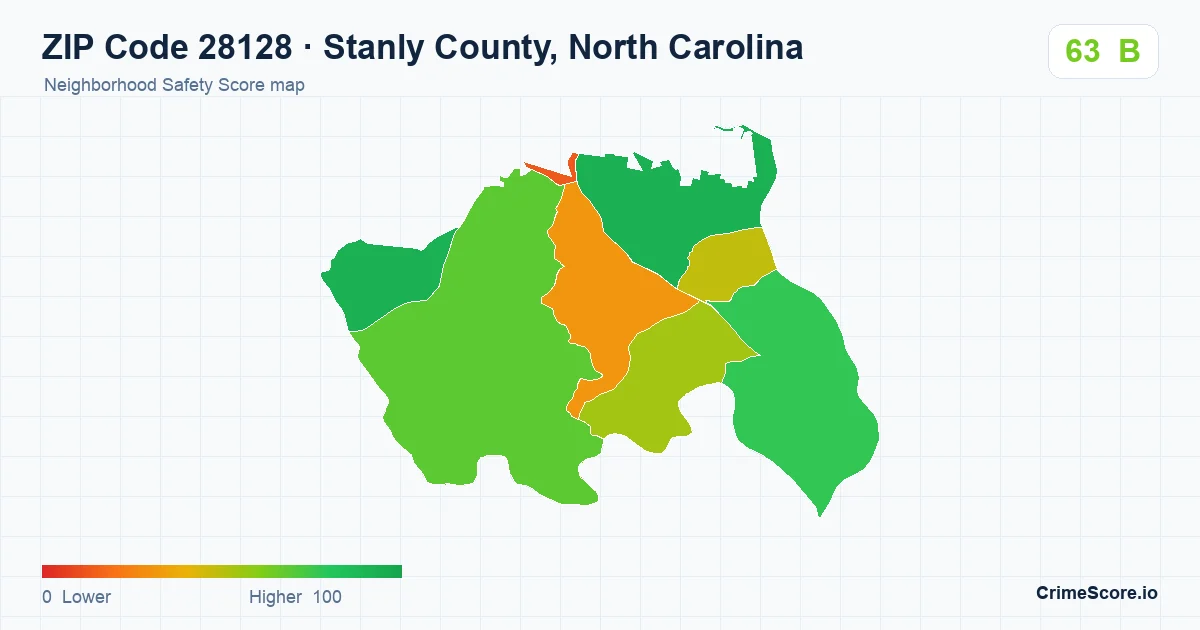 ZIP Code 28128 in Stanly County, North Carolina neighborhood Safety Score map