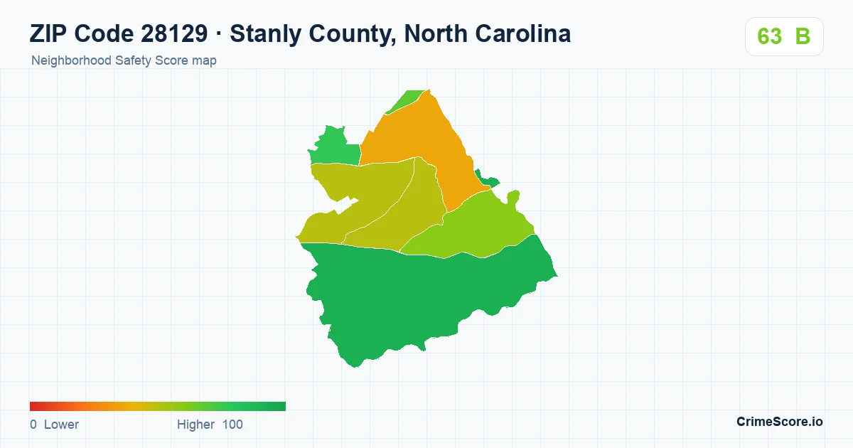 ZIP Code 28129 in Stanly County, North Carolina neighborhood Safety Score map