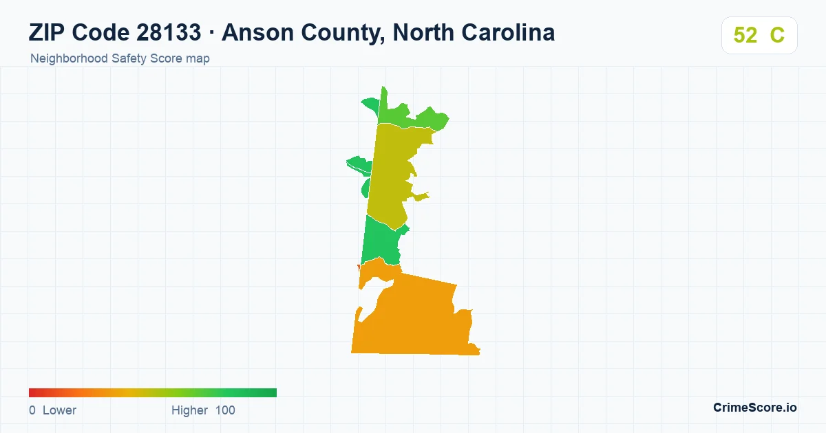 ZIP Code 28133 in Anson County, North Carolina neighborhood Safety Score map
