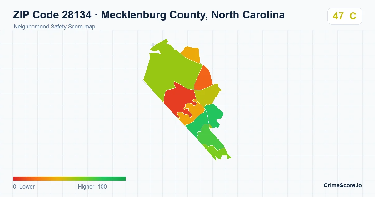 ZIP Code 28134 in Mecklenburg County, North Carolina neighborhood Safety Score map