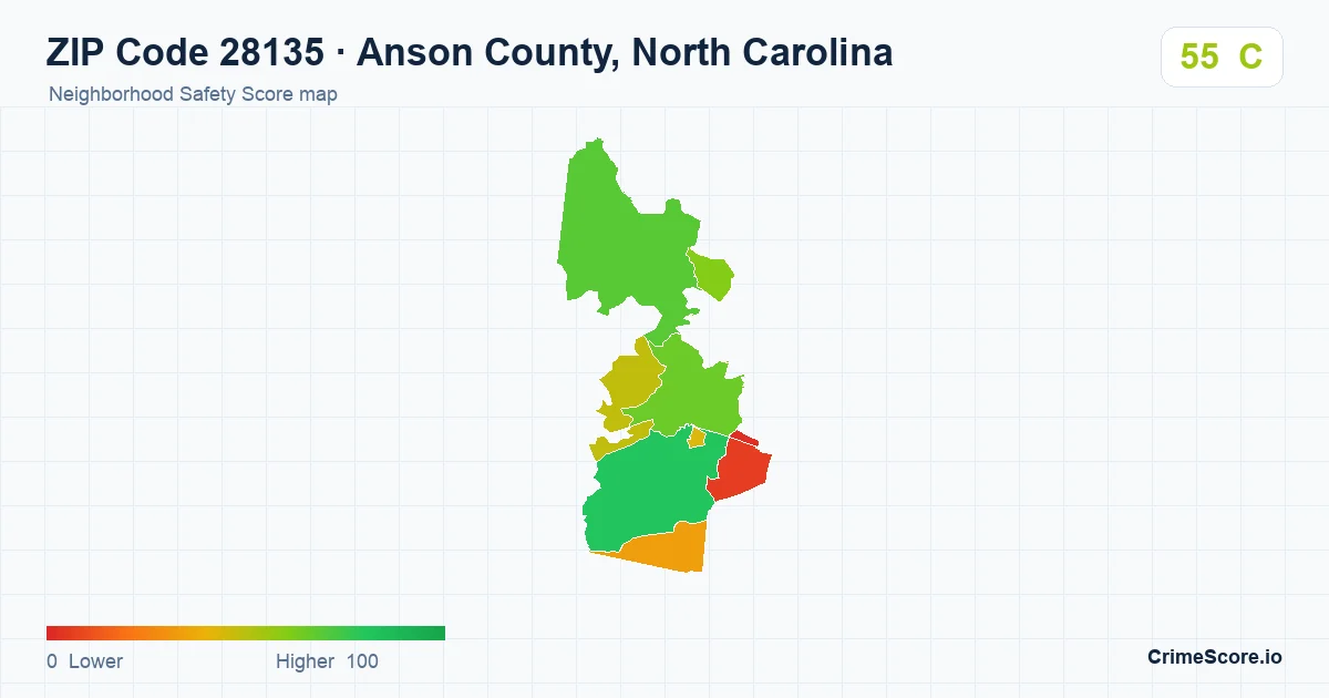 ZIP Code 28135 in Anson County, North Carolina neighborhood Safety Score map