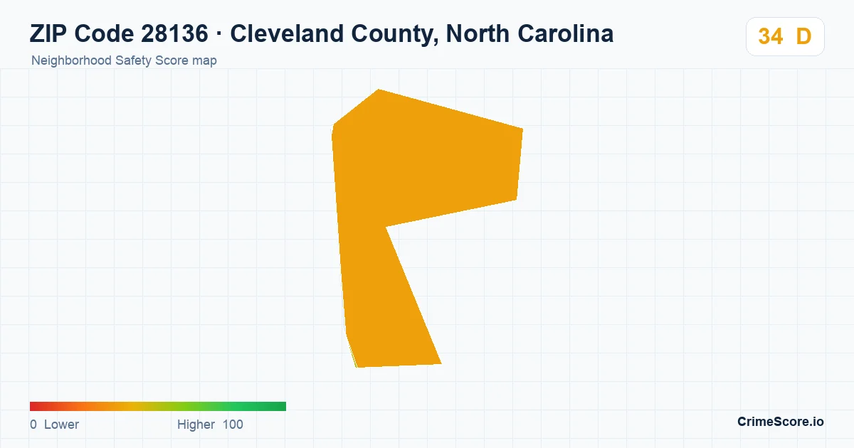 ZIP Code 28136 in Cleveland County, North Carolina neighborhood Safety Score map