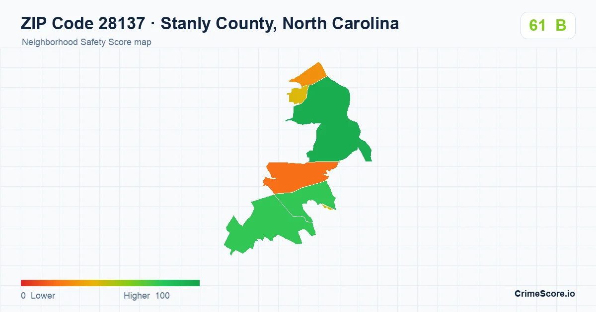ZIP Code 28137 in Stanly County, North Carolina neighborhood Safety Score map