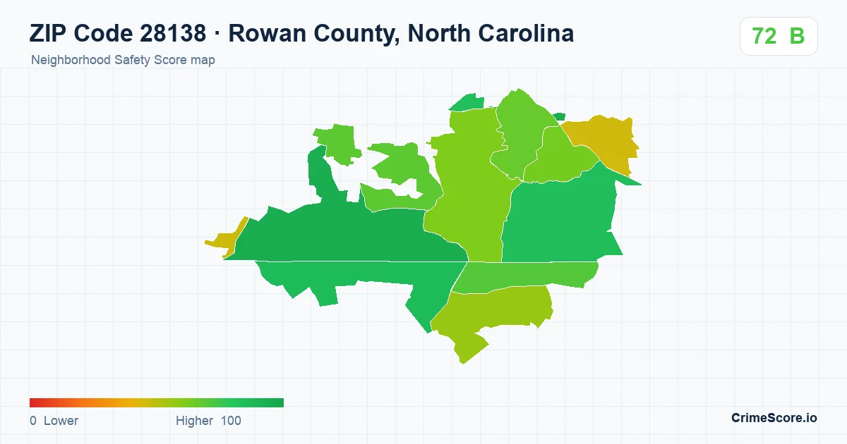 ZIP Code 28138 in Rowan County, North Carolina neighborhood Safety Score map