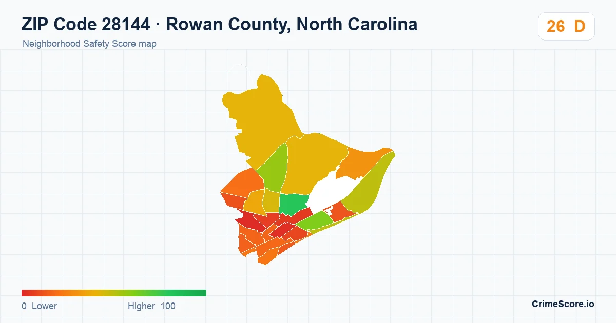 ZIP Code 28144 in Rowan County, North Carolina neighborhood Safety Score map
