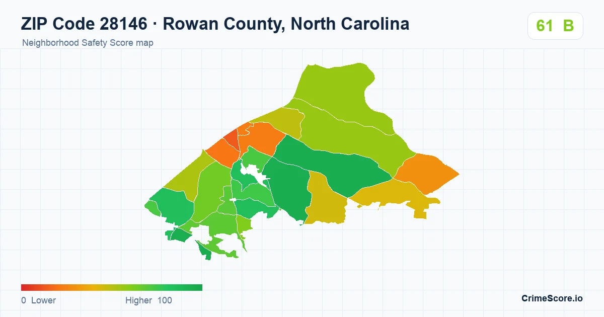 ZIP Code 28146 in Rowan County, North Carolina neighborhood Safety Score map