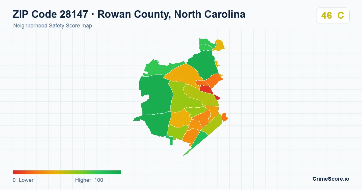 ZIP Code 28147 in Rowan County, North Carolina neighborhood Safety Score map