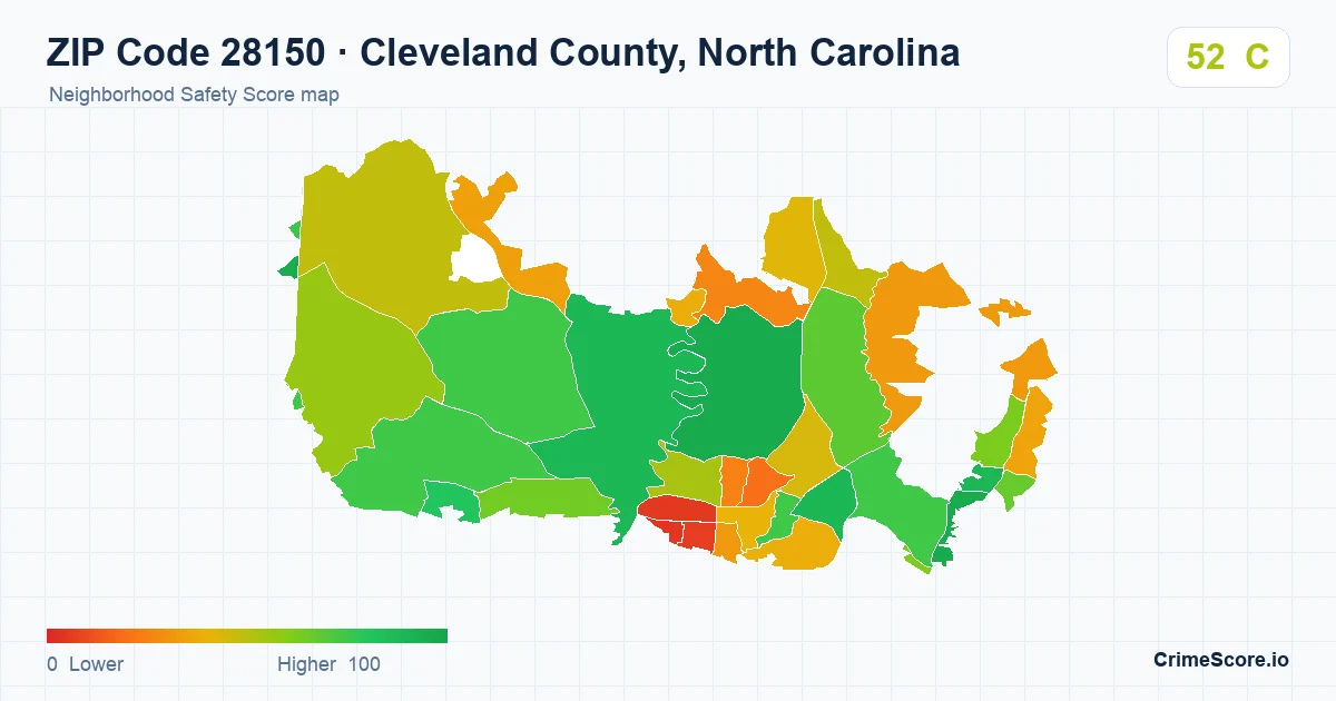 ZIP Code 28150 in Cleveland County, North Carolina neighborhood Safety Score map