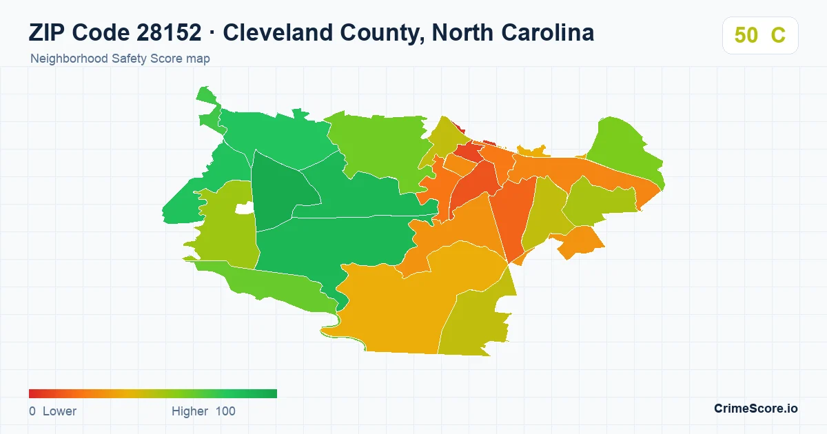 ZIP Code 28152 in Cleveland County, North Carolina neighborhood Safety Score map