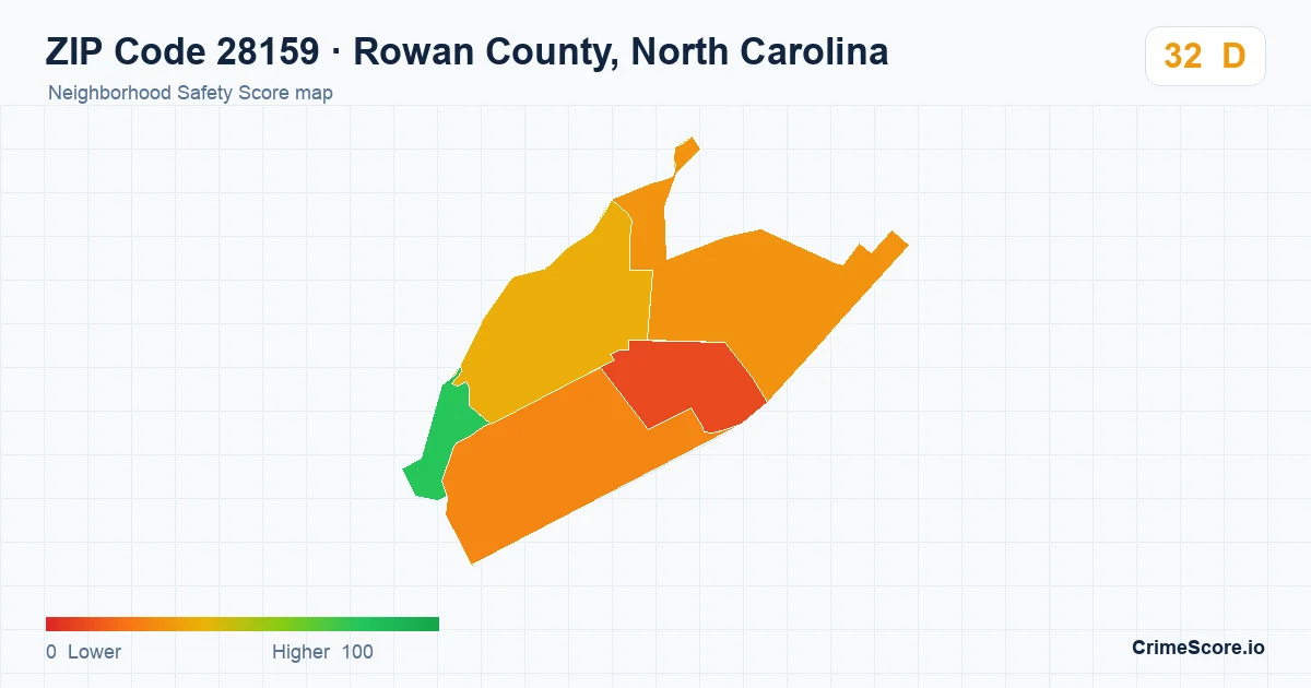 ZIP Code 28159 in Rowan County, North Carolina neighborhood Safety Score map