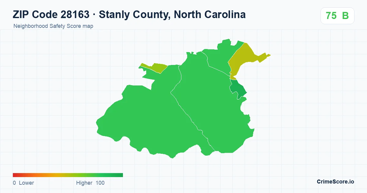 ZIP Code 28163 in Stanly County, North Carolina neighborhood Safety Score map