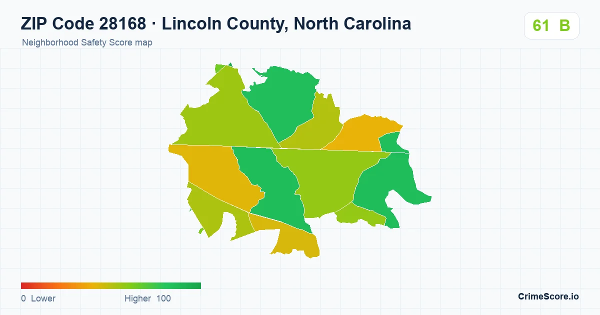 ZIP Code 28168 in Lincoln County, North Carolina neighborhood Safety Score map