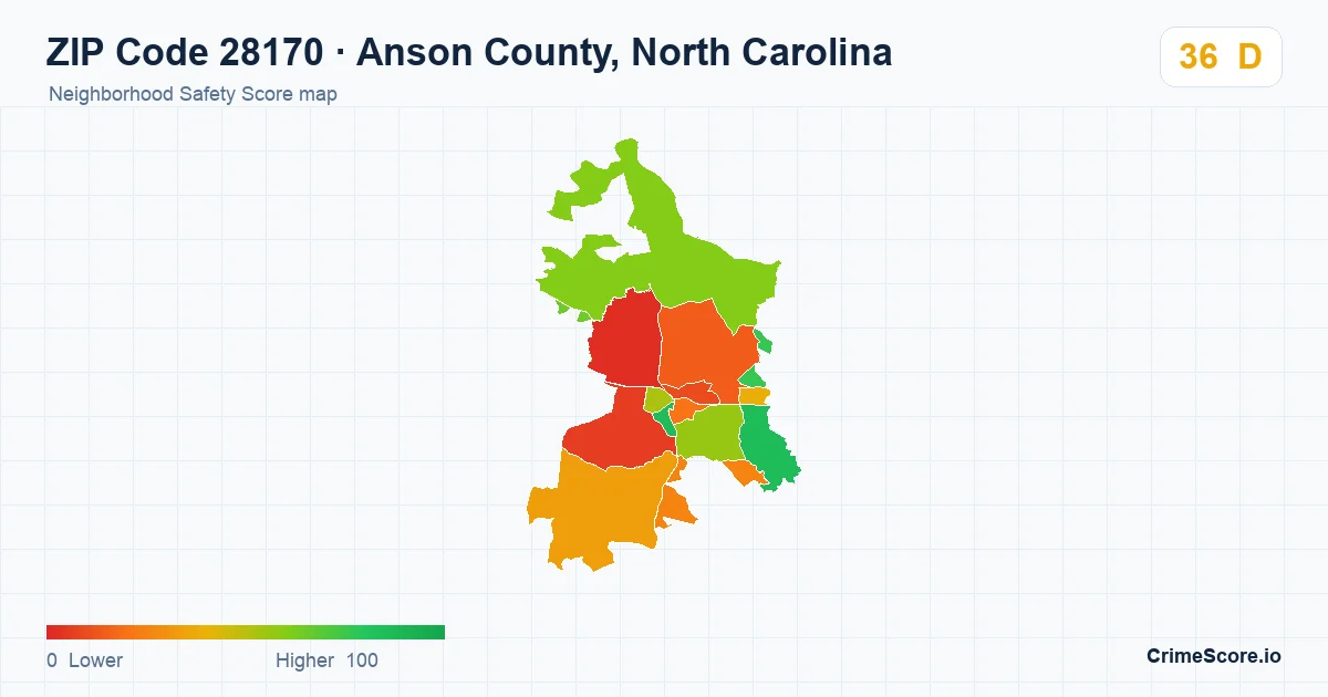 ZIP Code 28170 in Anson County, North Carolina neighborhood Safety Score map