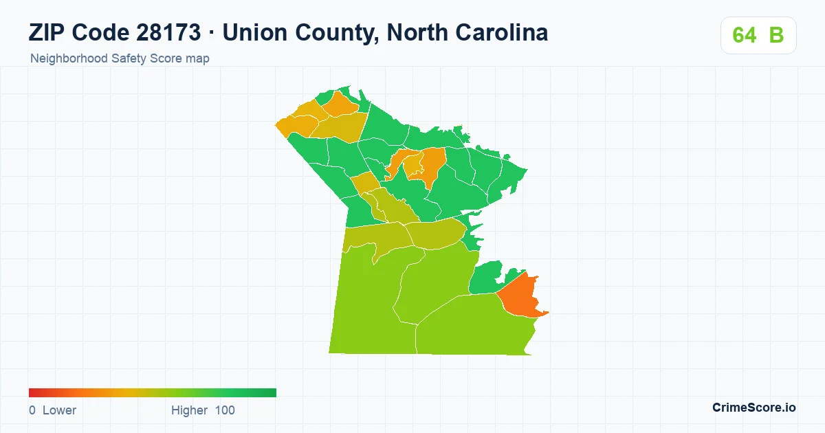 ZIP Code 28173 in Union County, North Carolina neighborhood Safety Score map