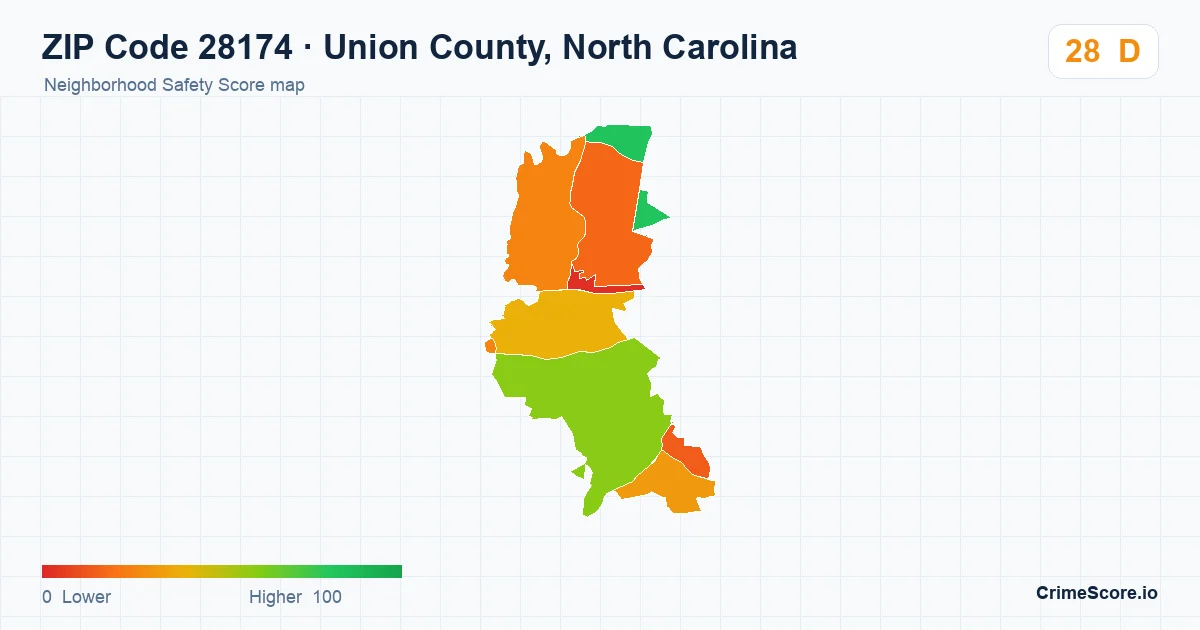 ZIP Code 28174 in Union County, North Carolina neighborhood Safety Score map