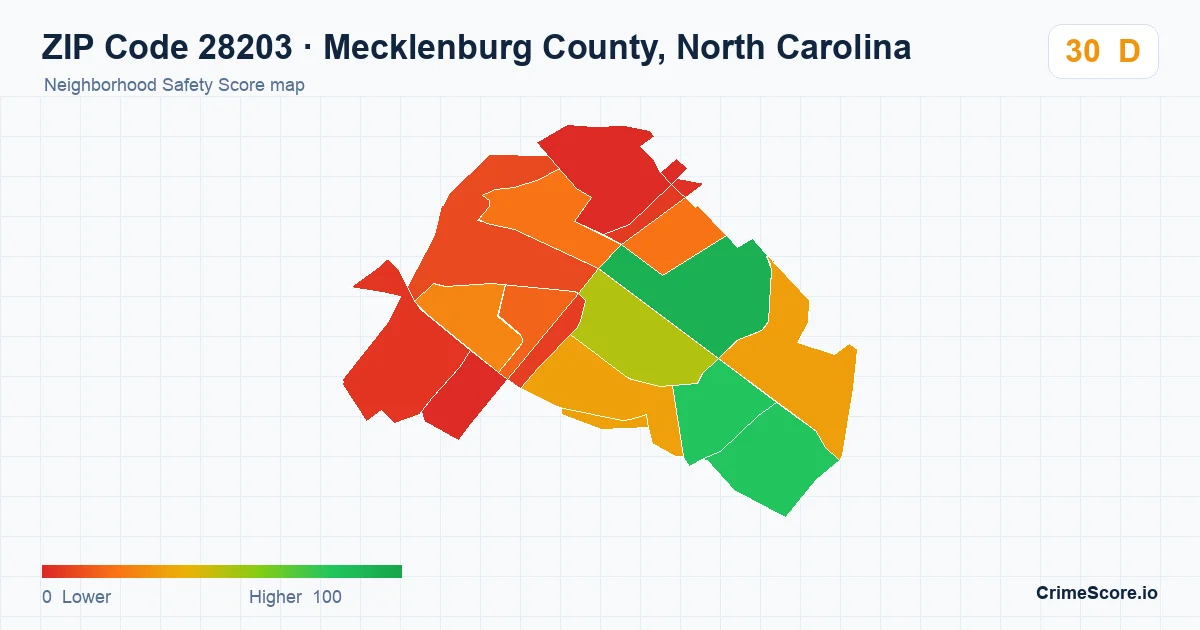 ZIP Code 28203 in Mecklenburg County, North Carolina neighborhood Safety Score map