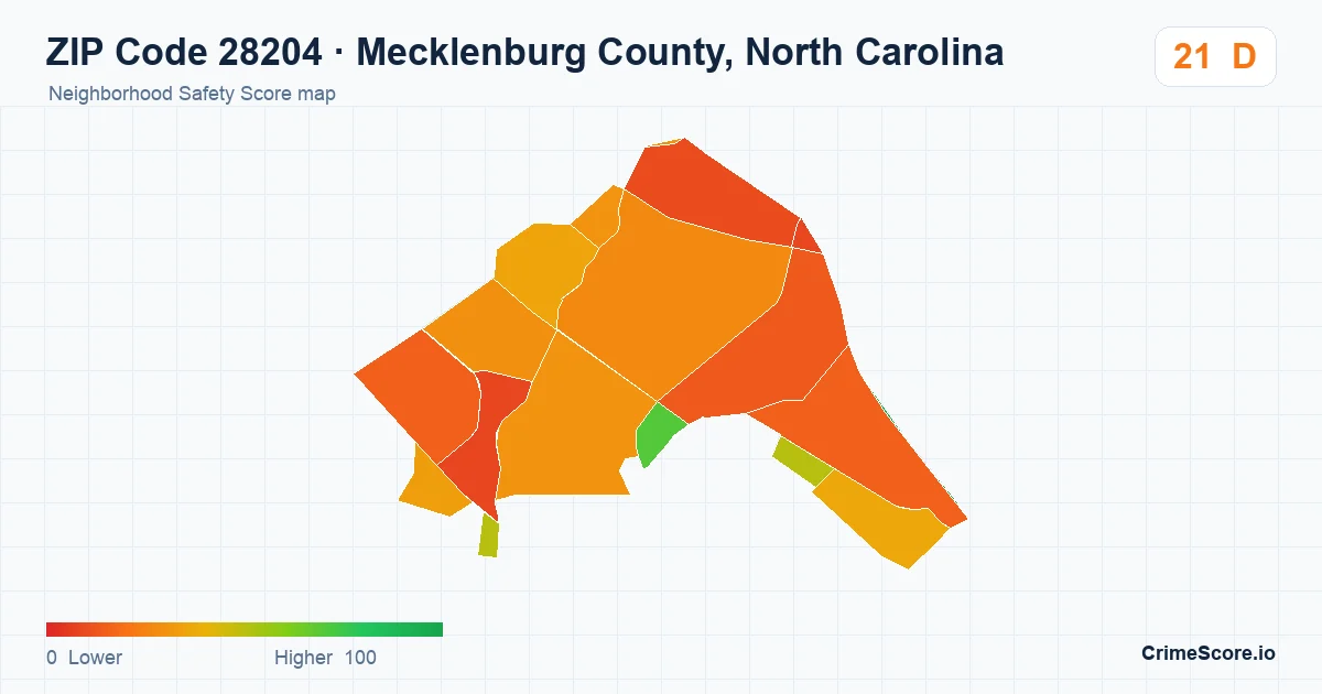 ZIP Code 28204 in Mecklenburg County, North Carolina neighborhood Safety Score map