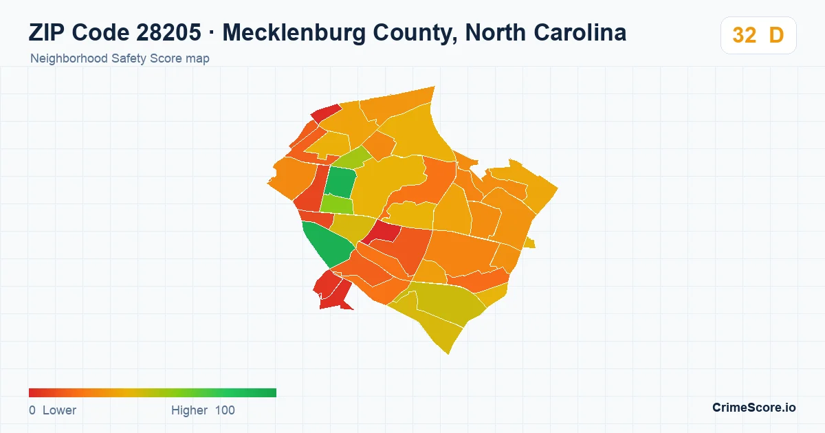 ZIP Code 28205 in Mecklenburg County, North Carolina neighborhood Safety Score map