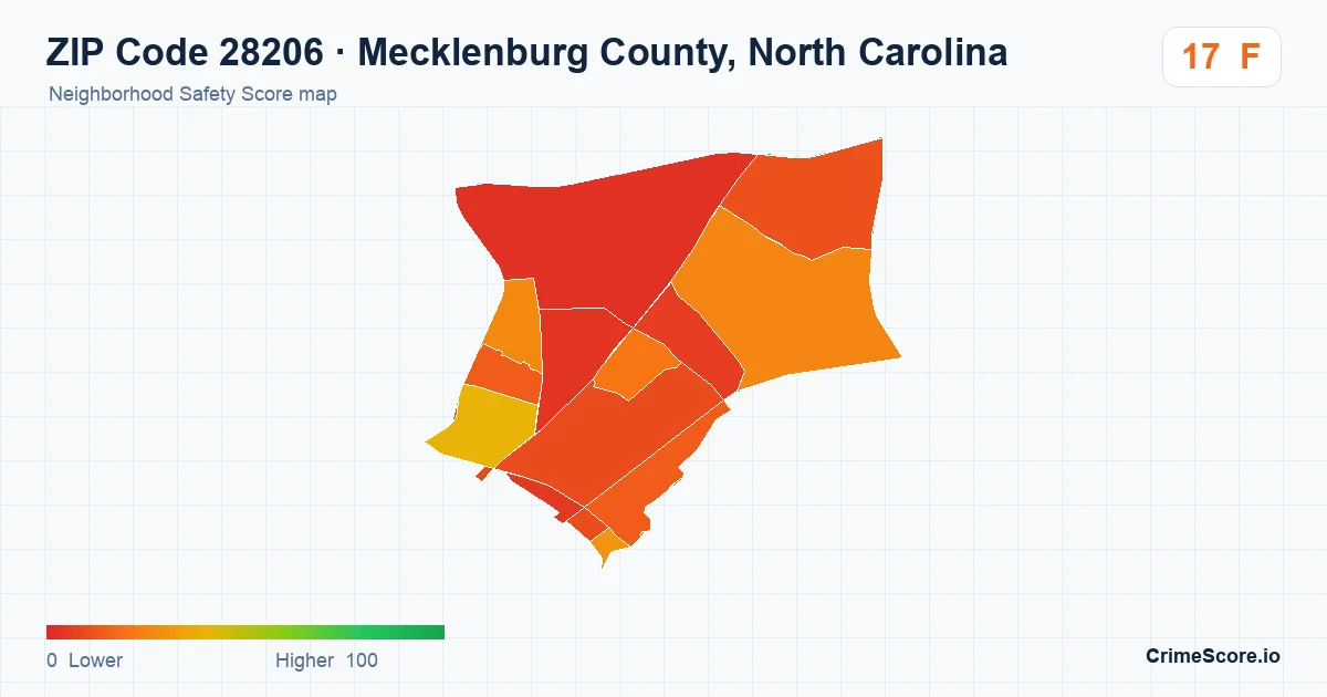 ZIP Code 28206 in Mecklenburg County, North Carolina neighborhood Safety Score map