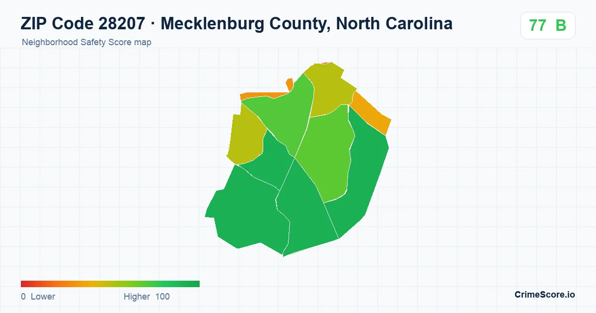 ZIP Code 28207 in Mecklenburg County, North Carolina neighborhood Safety Score map