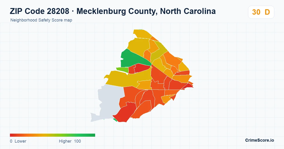 ZIP Code 28208 in Mecklenburg County, North Carolina neighborhood Safety Score map