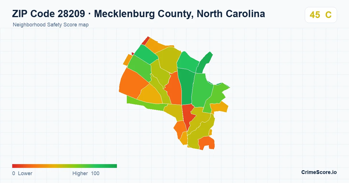 ZIP Code 28209 in Mecklenburg County, North Carolina neighborhood Safety Score map