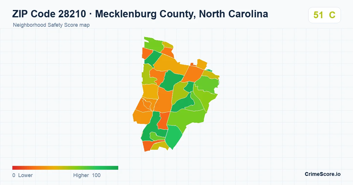 ZIP Code 28210 in Mecklenburg County, North Carolina neighborhood Safety Score map