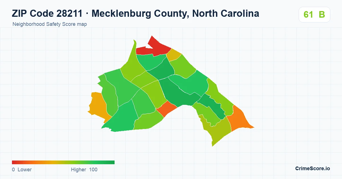 ZIP Code 28211 in Mecklenburg County, North Carolina neighborhood Safety Score map