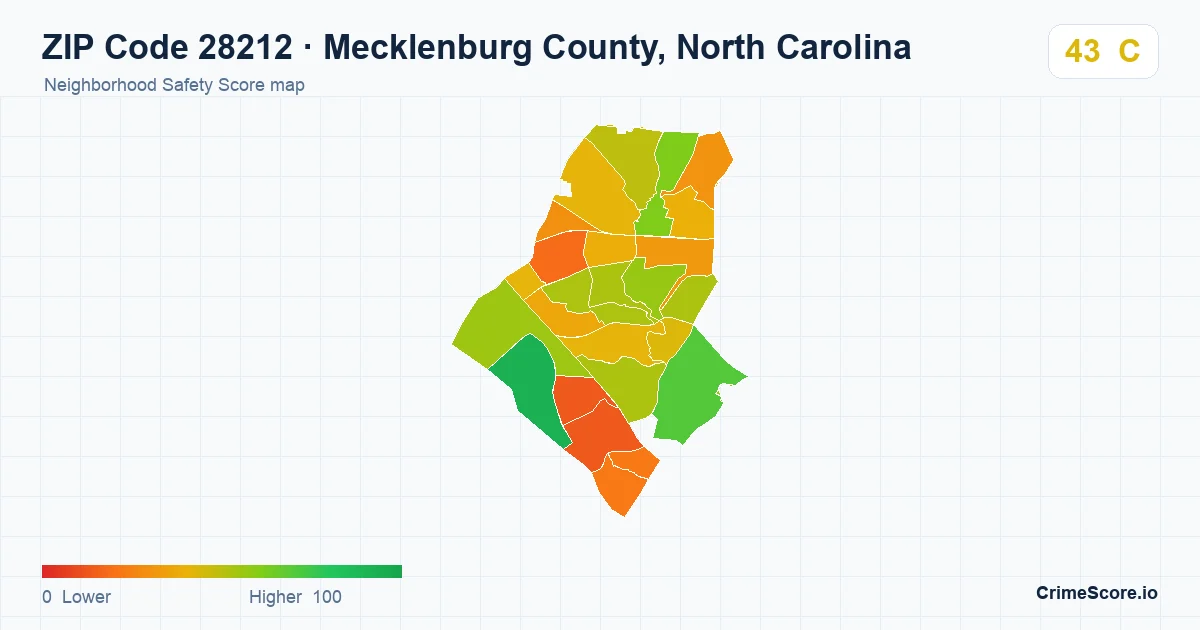 ZIP Code 28212 in Mecklenburg County, North Carolina neighborhood Safety Score map