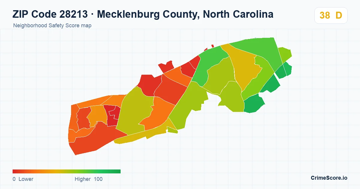 ZIP Code 28213 in Mecklenburg County, North Carolina neighborhood Safety Score map